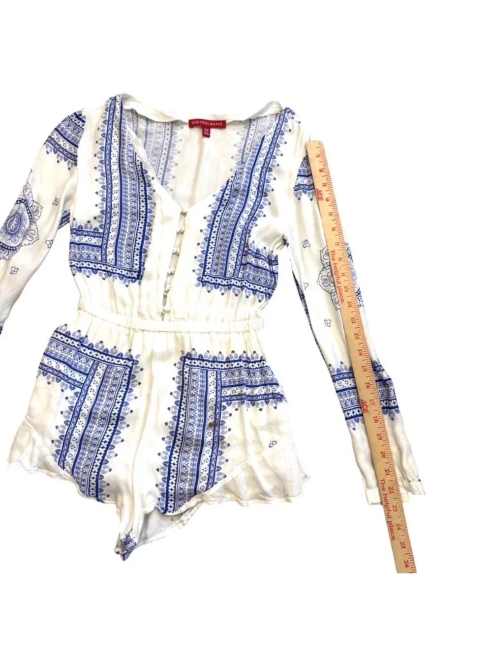 Saks Fifth Avenue Women's Button Front Romper XS White Blue Scarf Print Boho - Picture 7 of 8